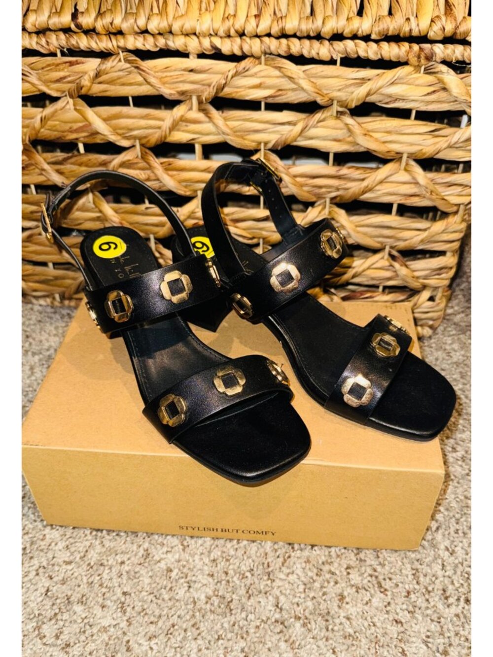 Nicole Miller Black Jeweled Buckle Block Heel Sandals Size 9